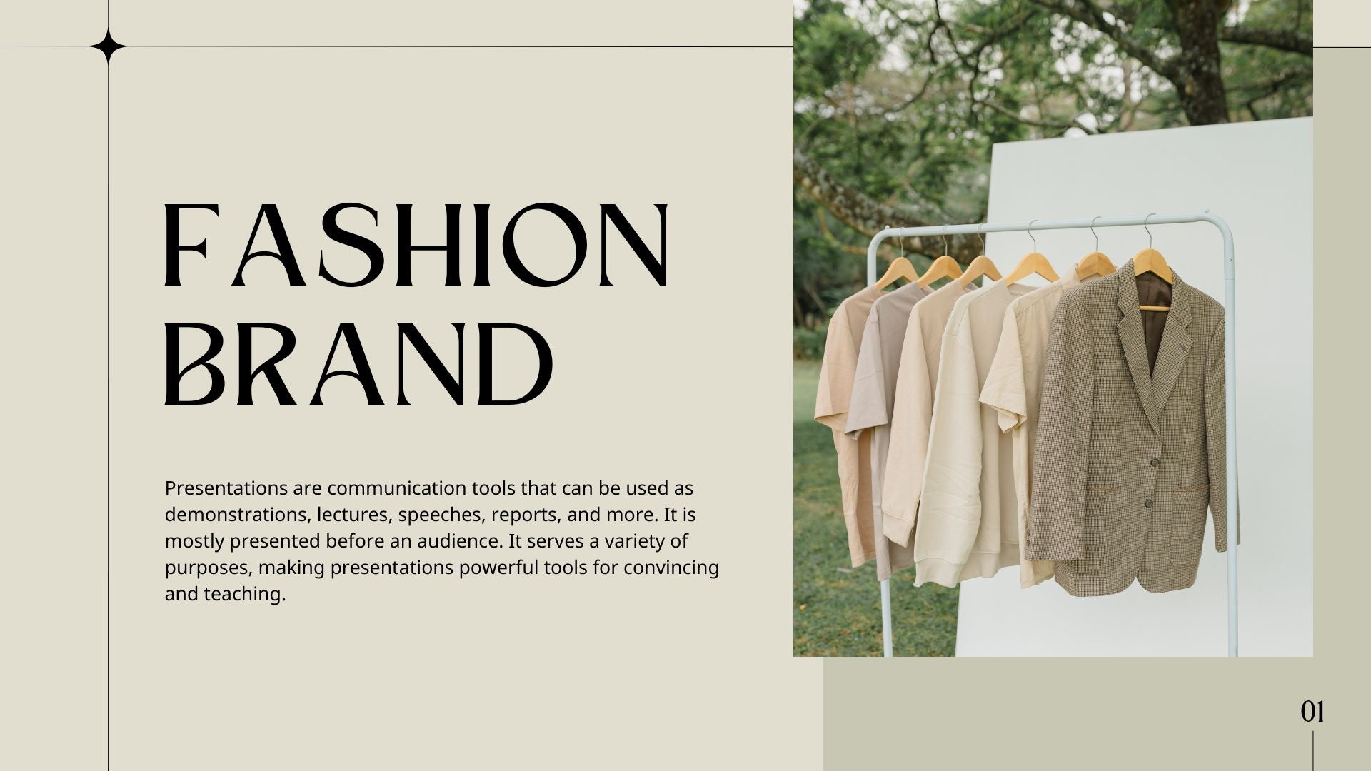 A presentation slide template featuring the text 'FASHION BRAND' on a beige background, alongside a photo of a clothing rack displaying several neutral-colored garments in an outdoor setting.